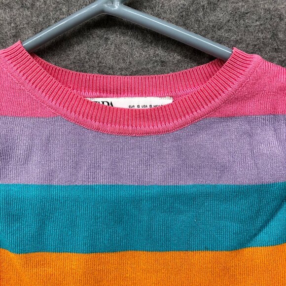 Zara Cropped Sleeveless Sweater Womens S Multicolor Stripe Candy Crewneck Fitted - Picture 3 of 9